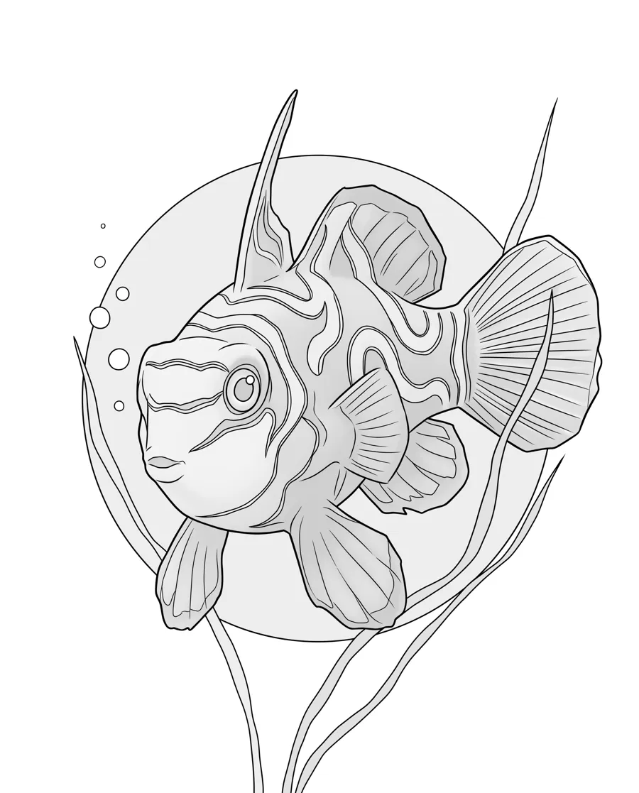 Mandarinfish as printed in the book: a line drawing with a light gray shading guide