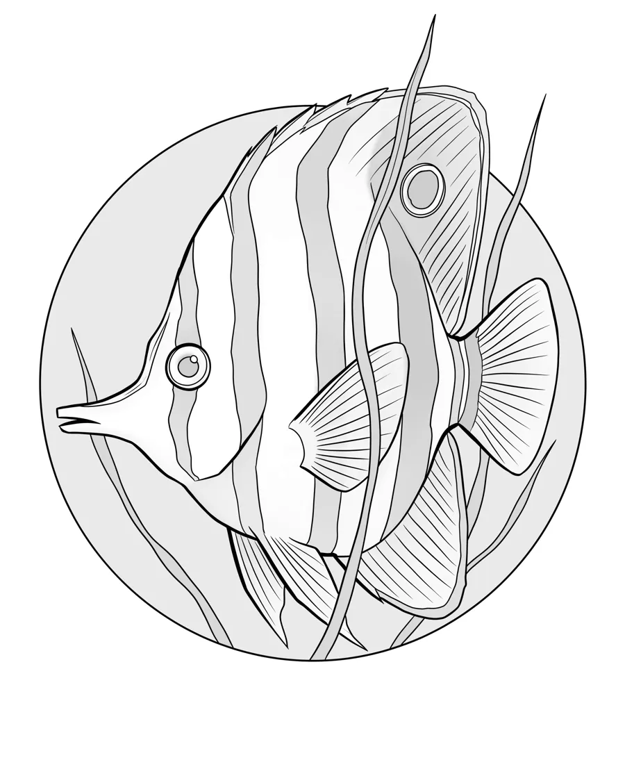 Copperband butterflyfish as printed in the book: a line drawing with a light gray shading guide