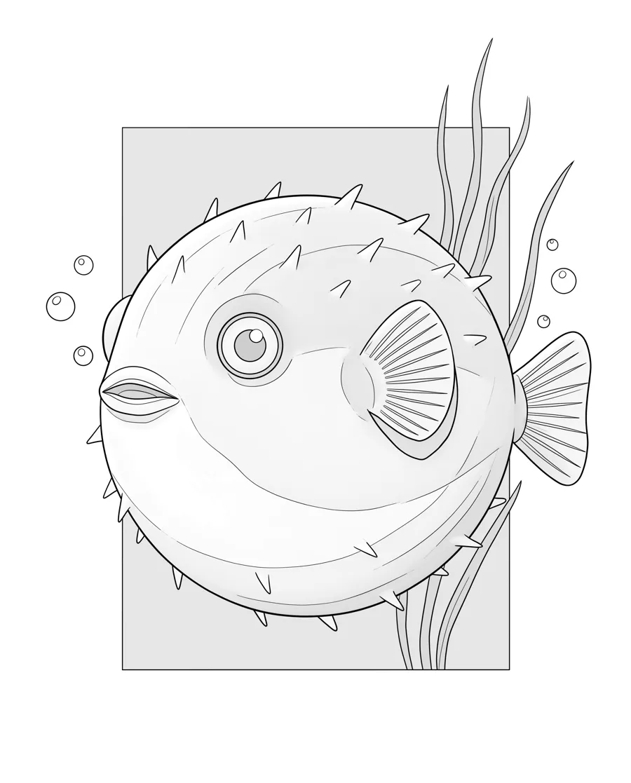 Pufferfish as printed in the book: a line drawing with a light gray shading guide