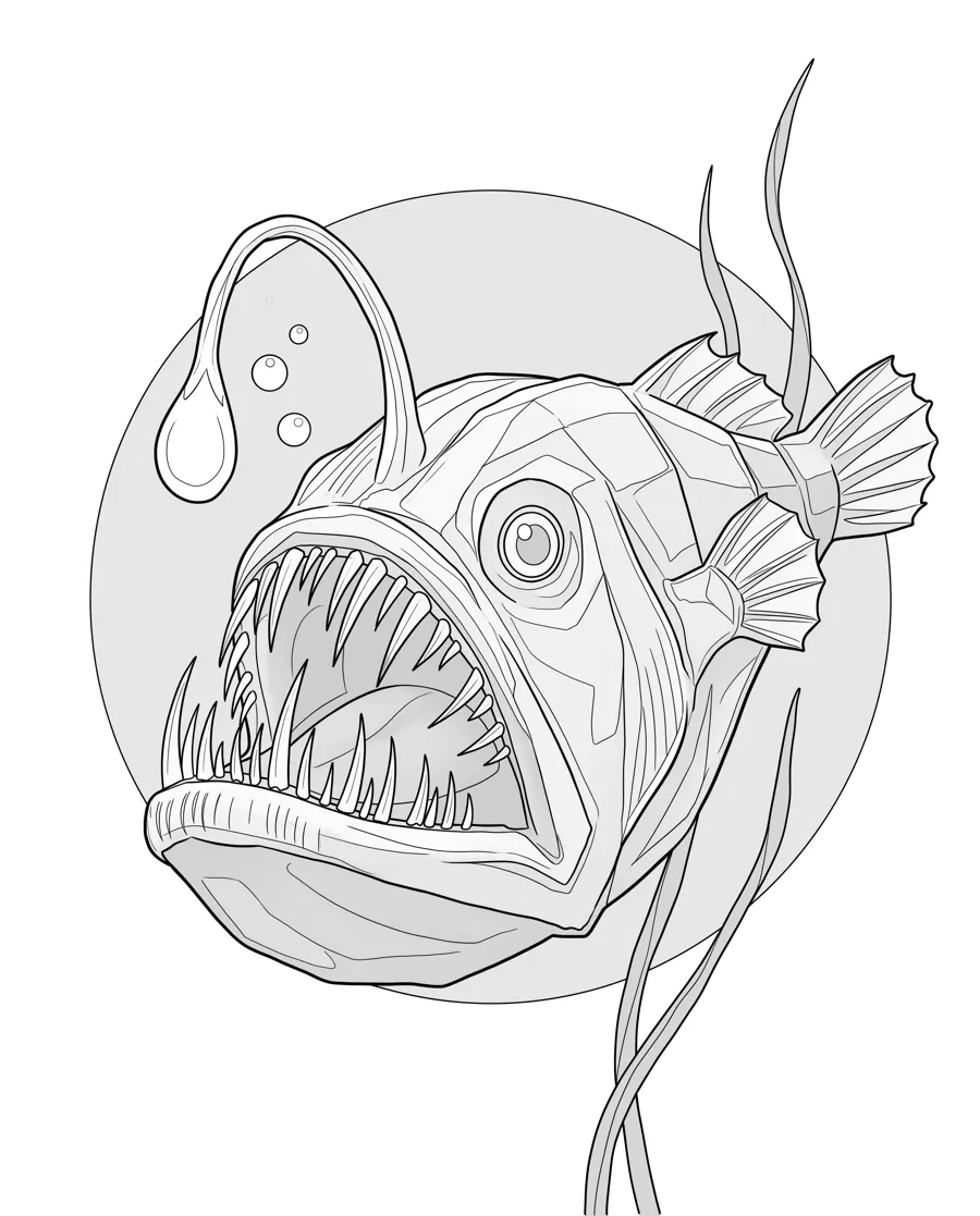 Anglerfish as printed in the book: a line drawing with a light gray shading guide