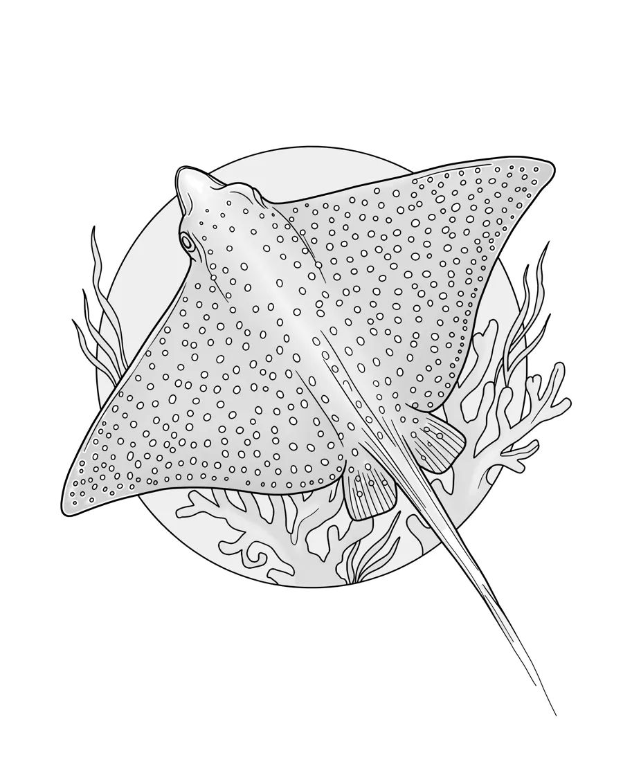 Spotted eagle ray as printed in the book: a line drawing with a light gray shading guide