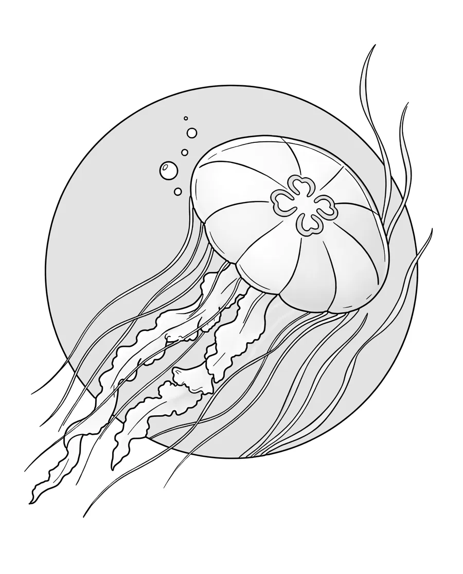 Moon jellyfish as printed in the book: a line drawing with a light gray shading guide