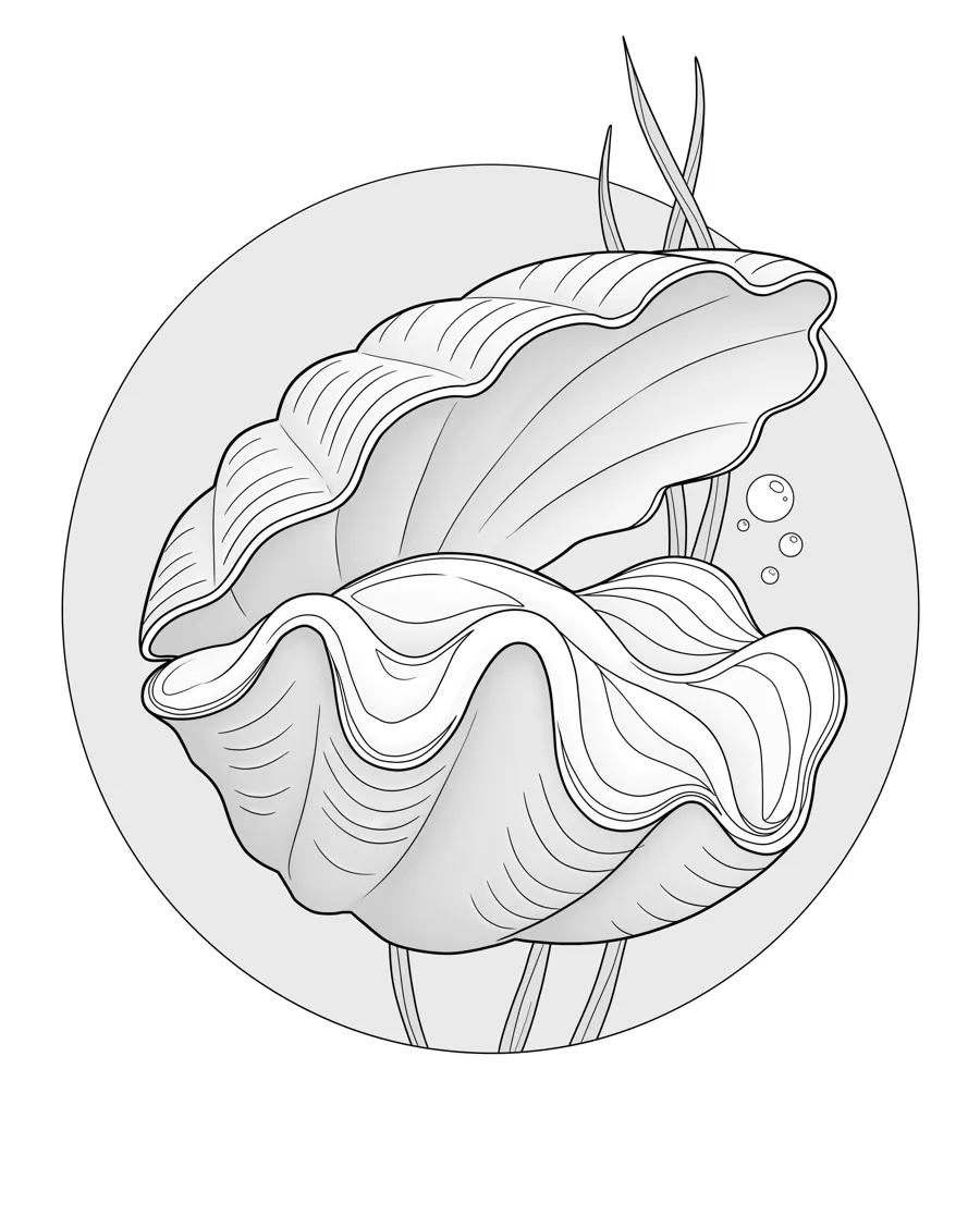 Giant clam as printed in the book: a line drawing with a light gray shading guide