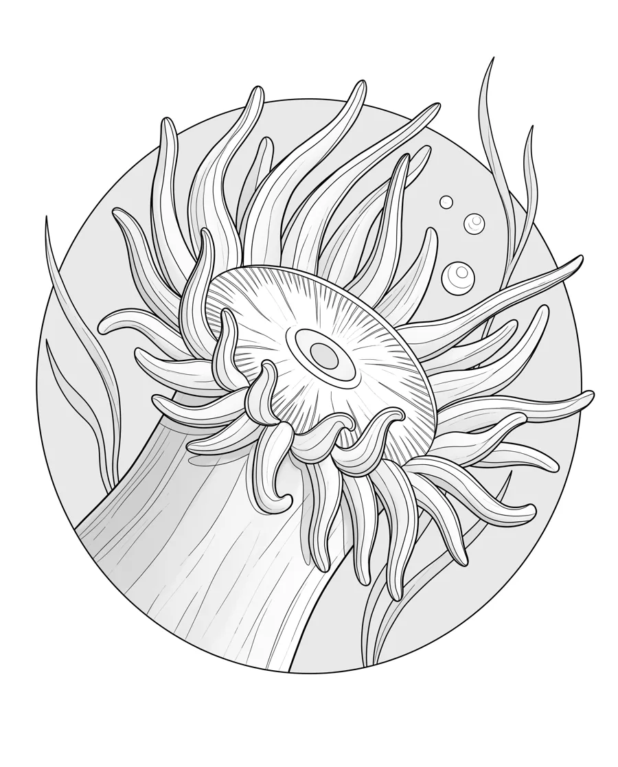 Sea anemone as printed in the book: a line drawing with a light gray shading guide