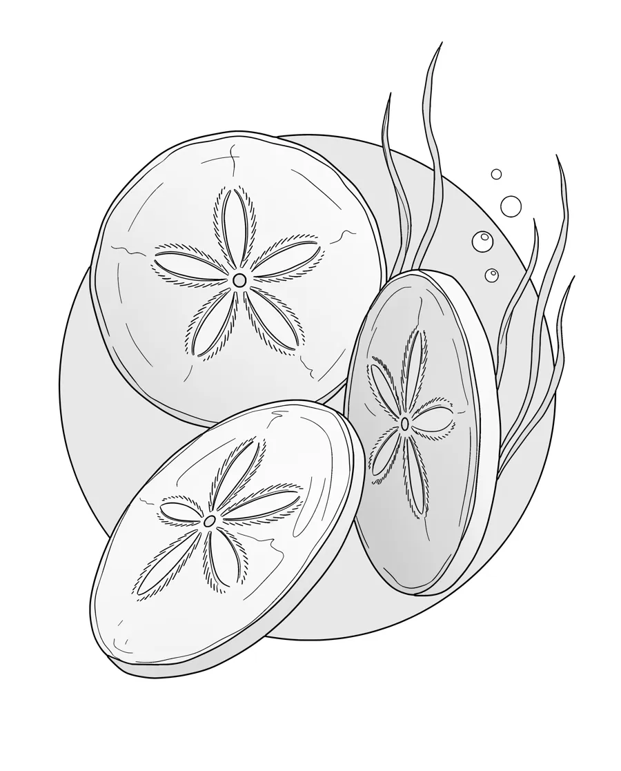 Sand dollars as printed in the book: a line drawing with a light gray shading guide