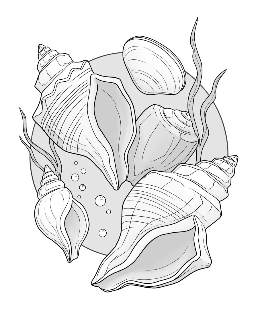 Shell collection as printed in the book: a line drawing with a light gray shading guide