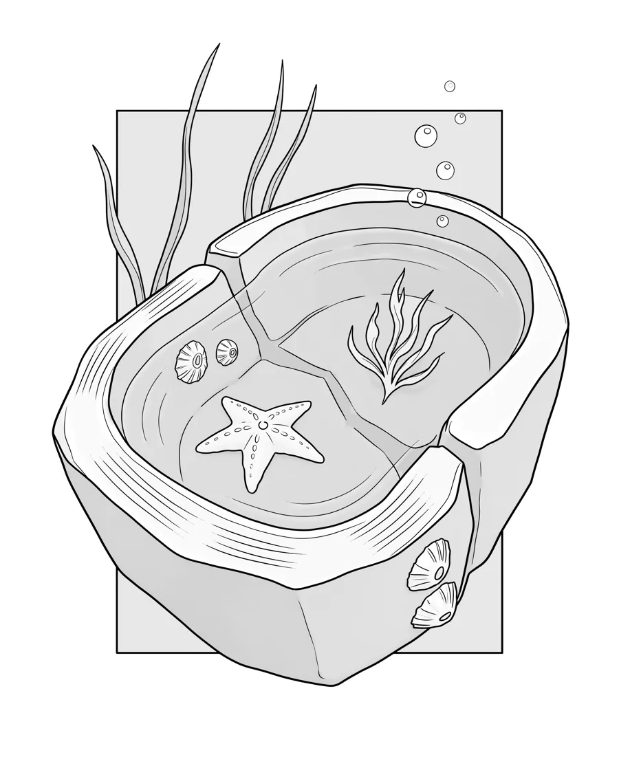Tide pool as printed in the book: a line drawing with a light gray shading guide