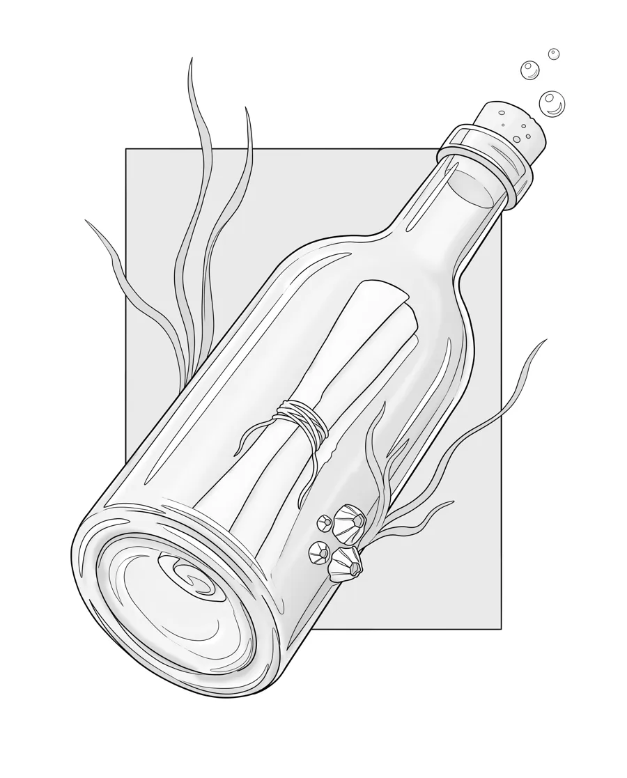 Message in a bottle as printed in the book: a line drawing with a light gray shading guide