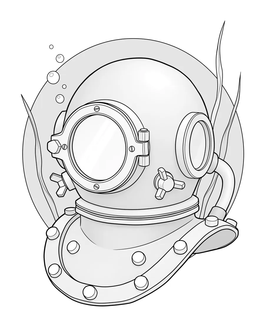 Diving helmet as printed in the book: a line drawing with a light gray shading guide