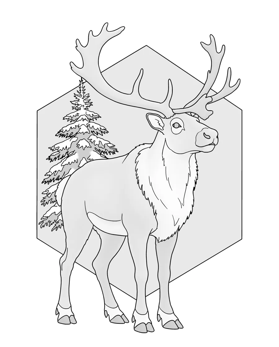 Reindeer as printed in the book: a line drawing with a light gray shading guide