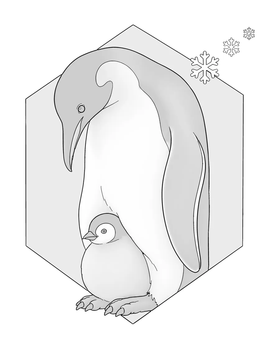 Emperor penguin and chick as printed in the book: a line drawing with a light gray shading guide