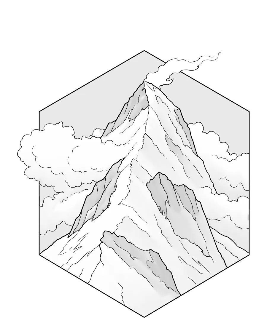 Mountain summit as printed in the book: a line drawing with a light gray shading guide