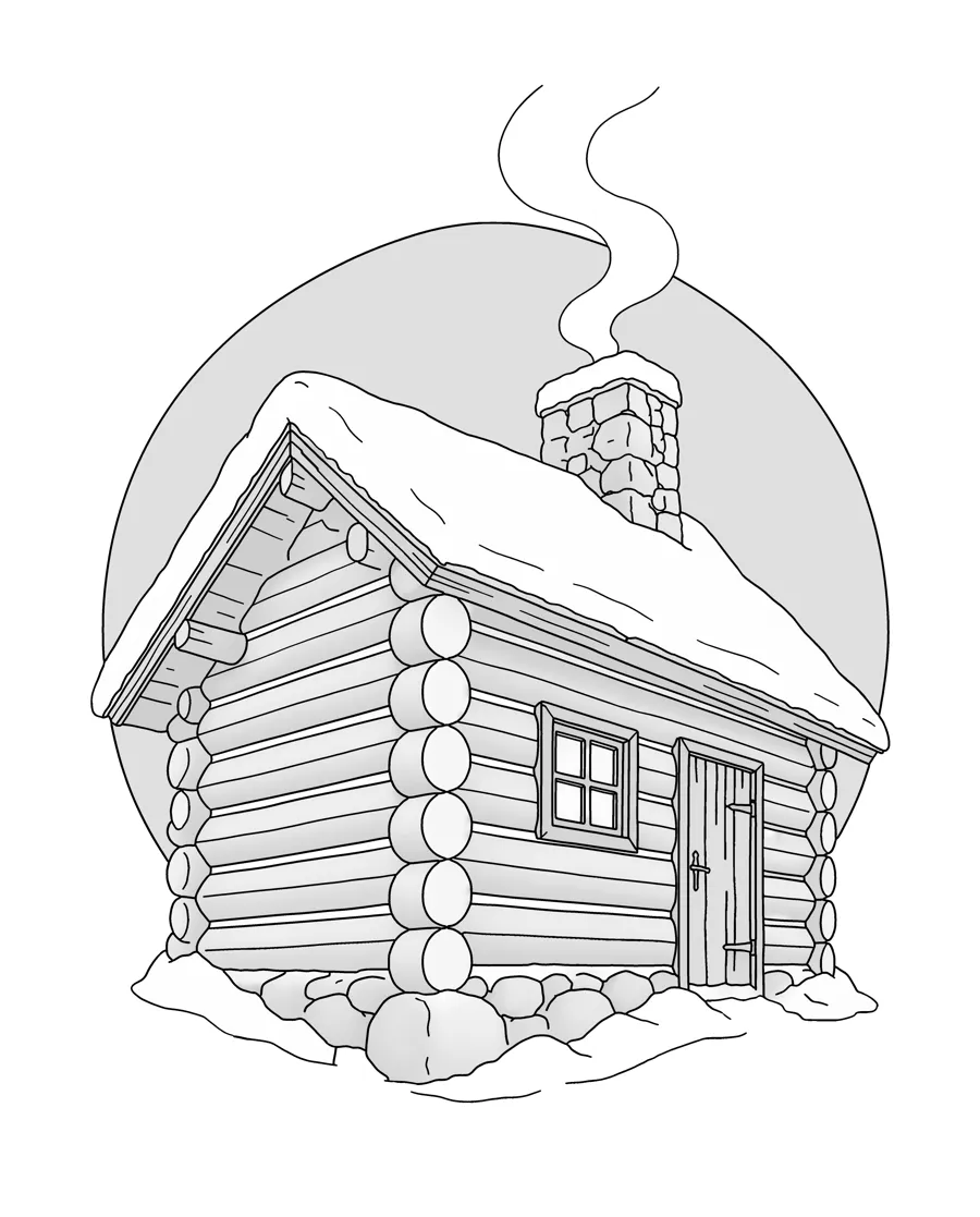 Log cabin in snow as printed in the book: a line drawing with a light gray shading guide
