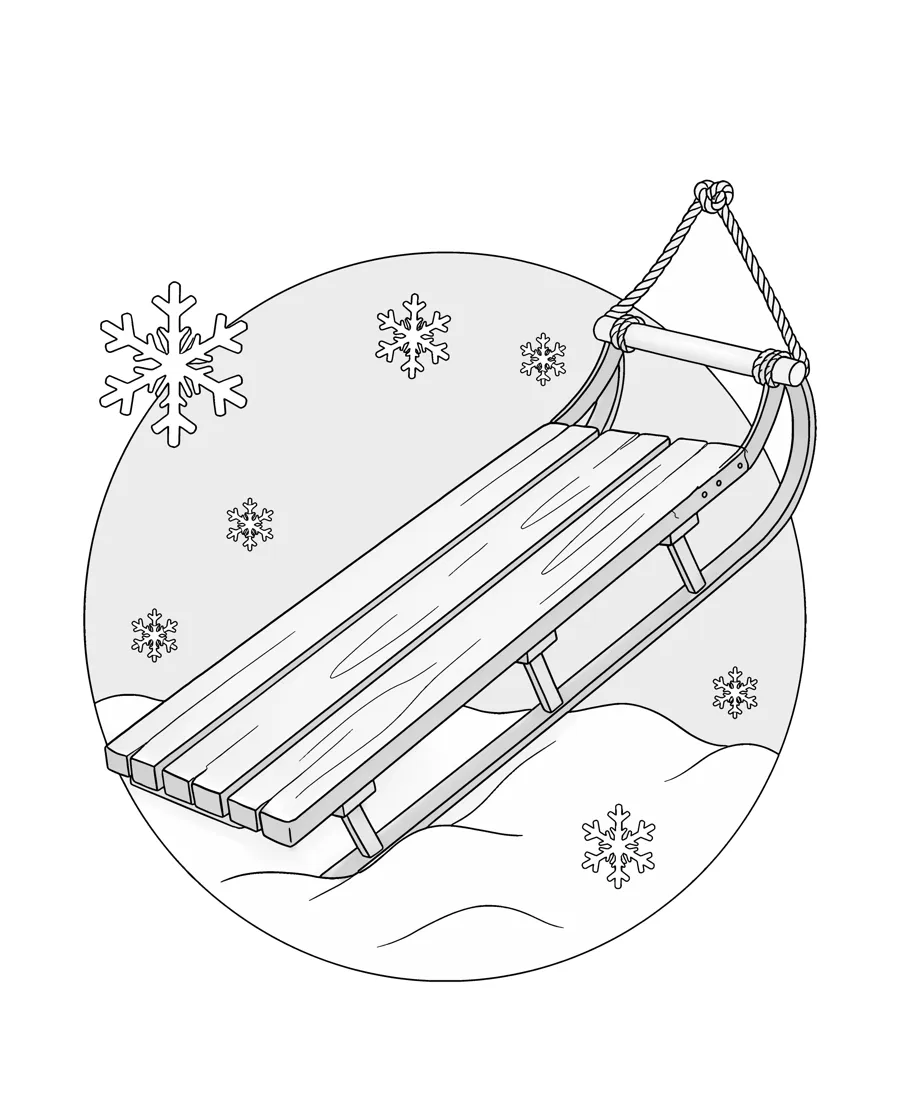 Antique wooden sled as printed in the book: a line drawing with a light gray shading guide