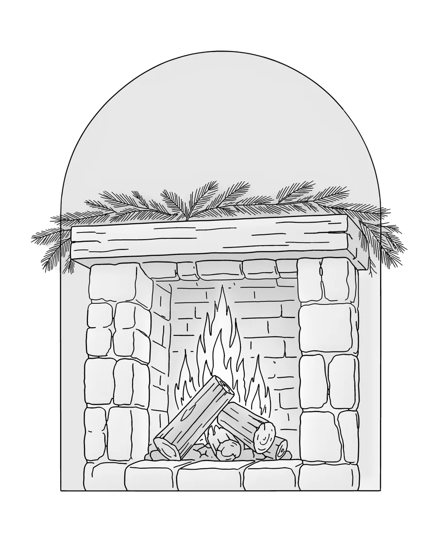 Stone fireplace as printed in the book: a line drawing with a light gray shading guide