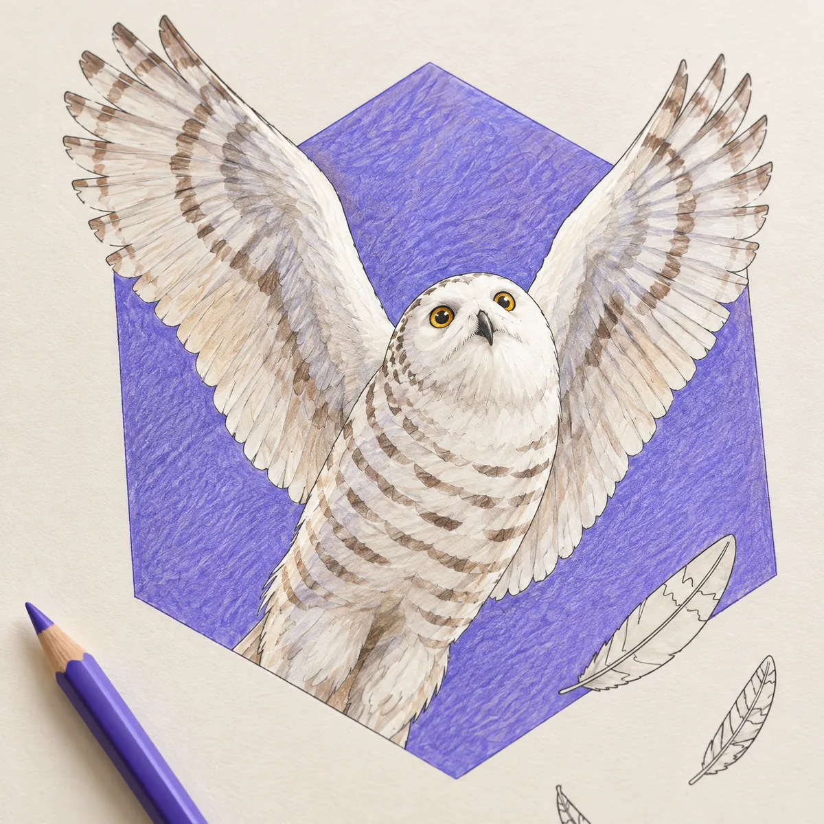 A colored snowy owl spreading its wings across a violet hexagon