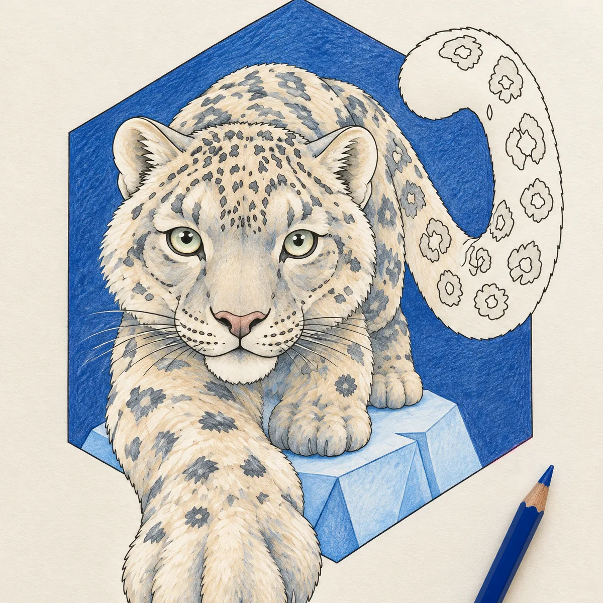 A colored snow leopard crouched on ice inside a blue hexagon