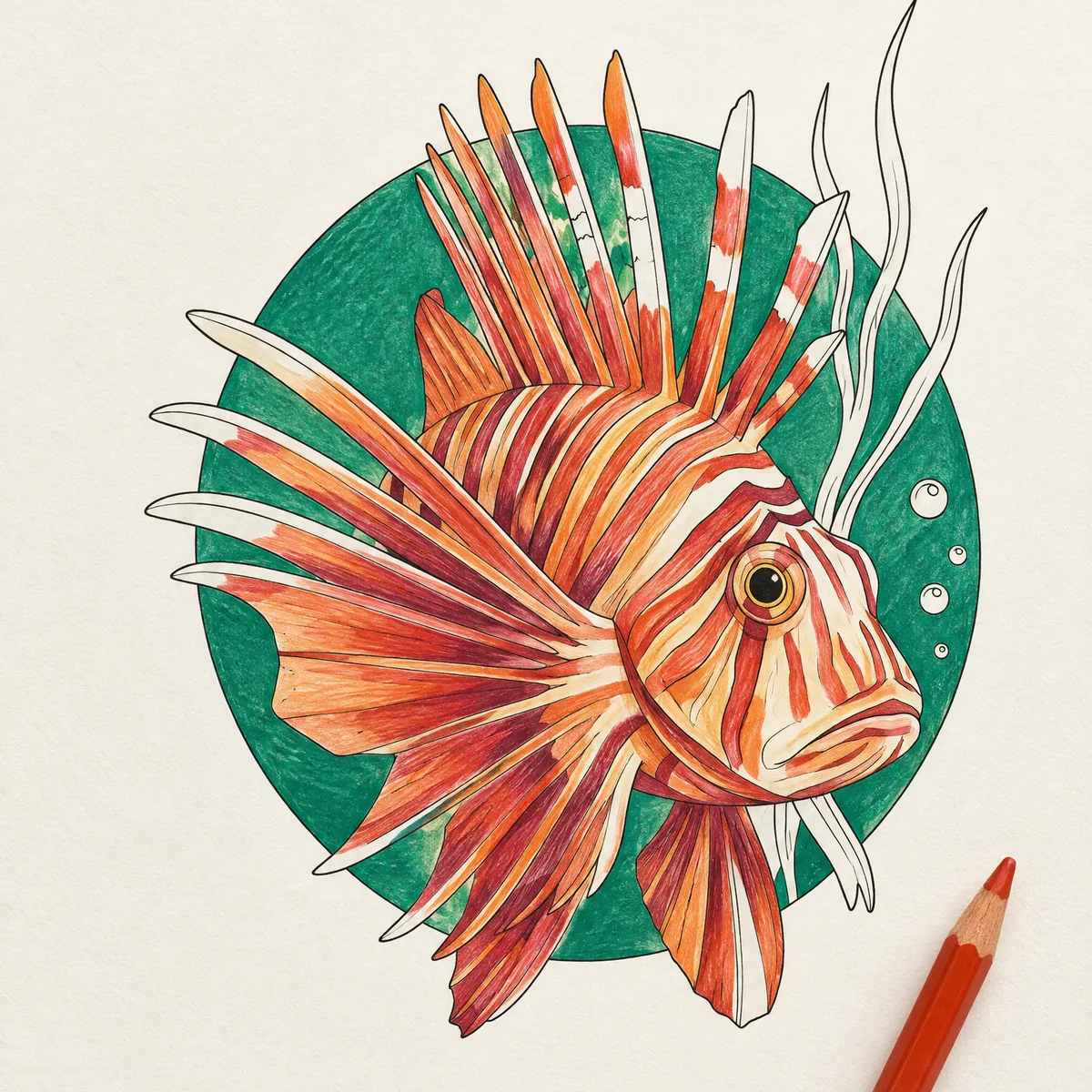 A colored lionfish with red and cream fins on a green circle