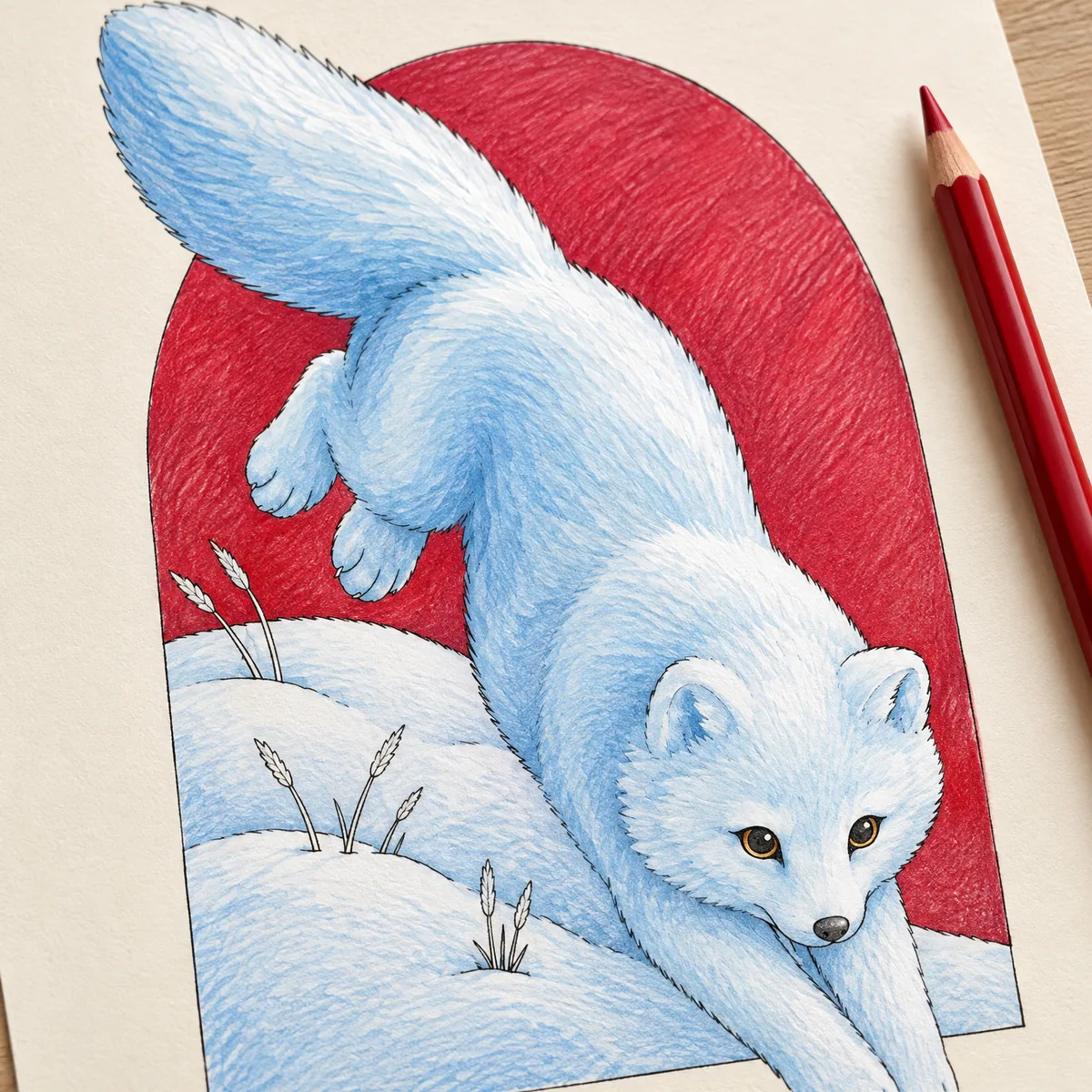 A colored white arctic fox leaping through snow under a red arch