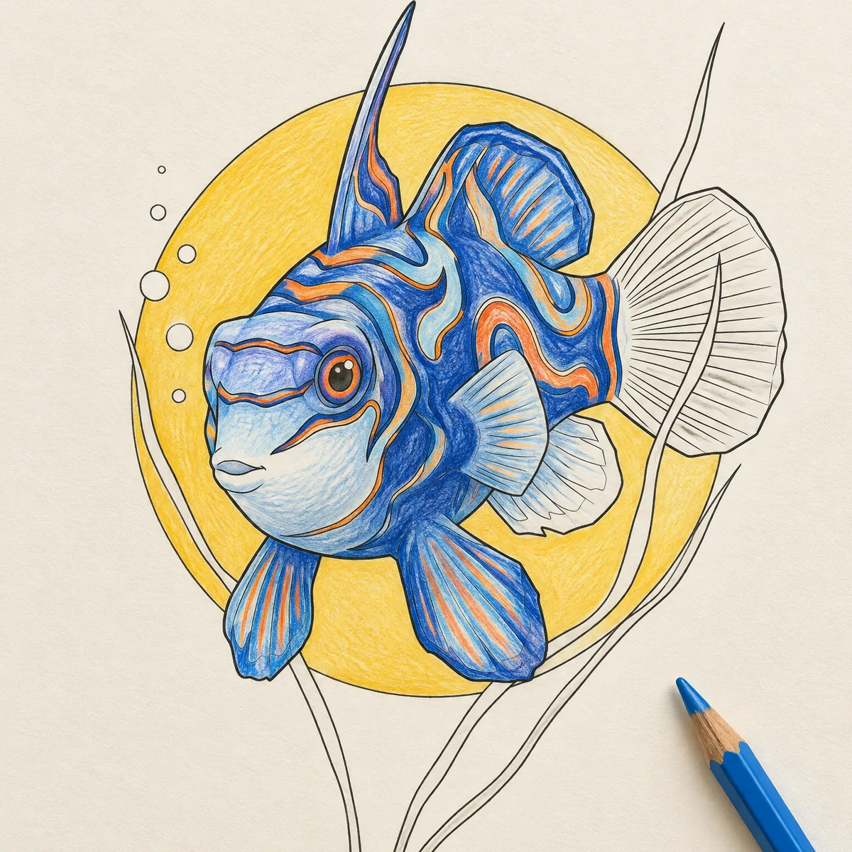 A colored mandarinfish in blue and orange on a yellow circle
