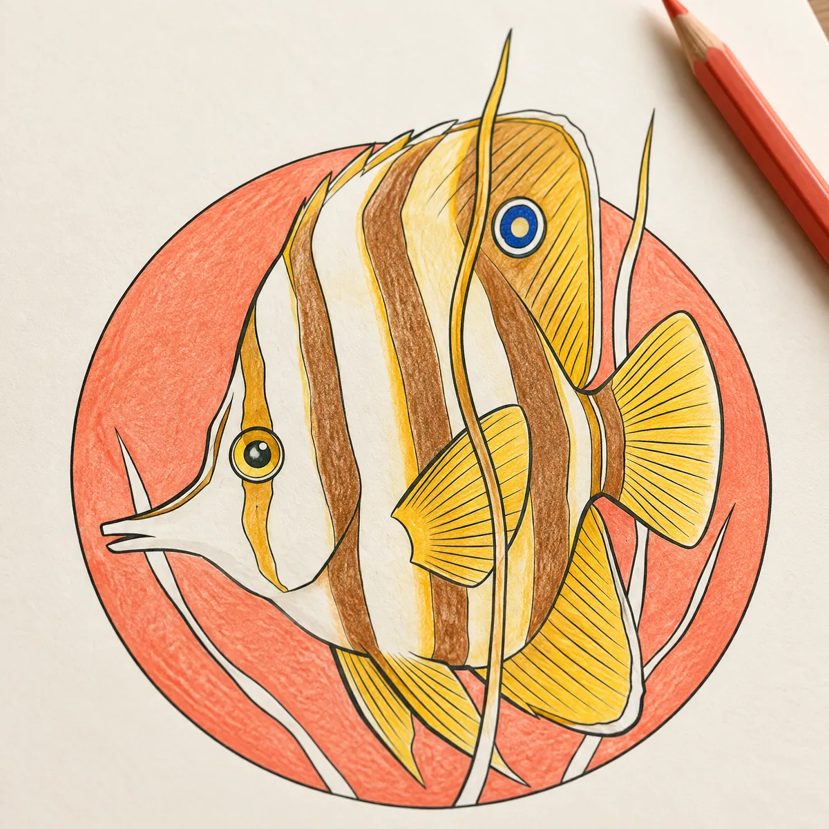 A colored copperband butterflyfish on a coral circle